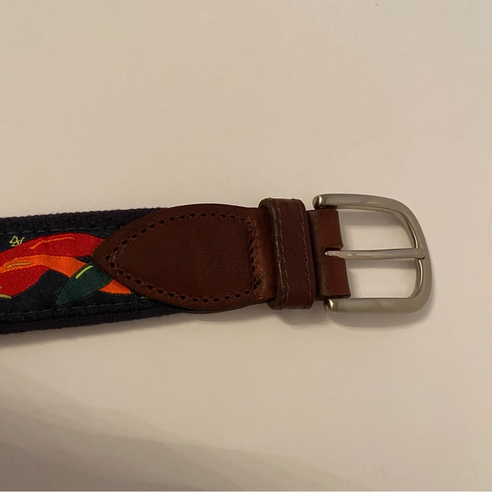 THE BELTED COW BELT BLUE CANVAS RED CHILI PEPPER BROWN LEATHER SIZE 34 USA